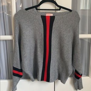 Grey long sleeve w/ red & black stripe